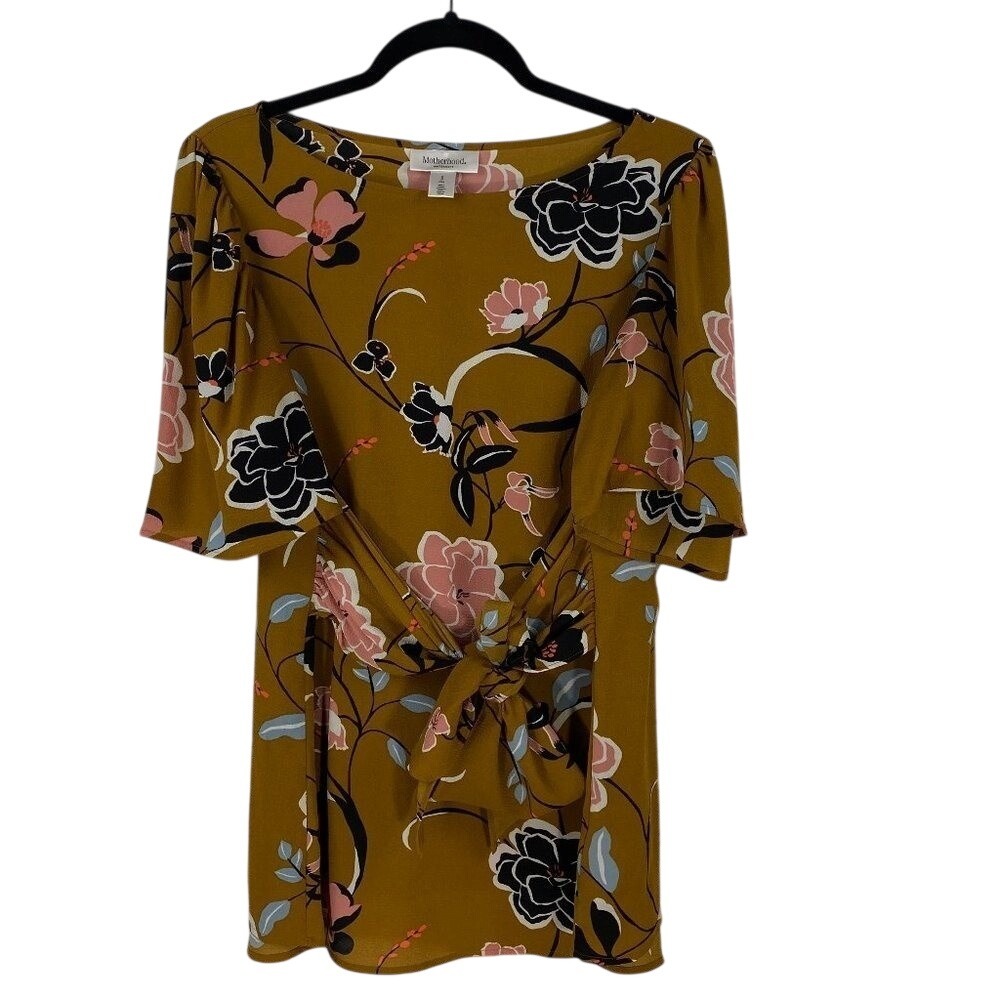 Motherhood Maternity Mustard Yellow Floral Tie Front Flutter Sleeve Blouse S